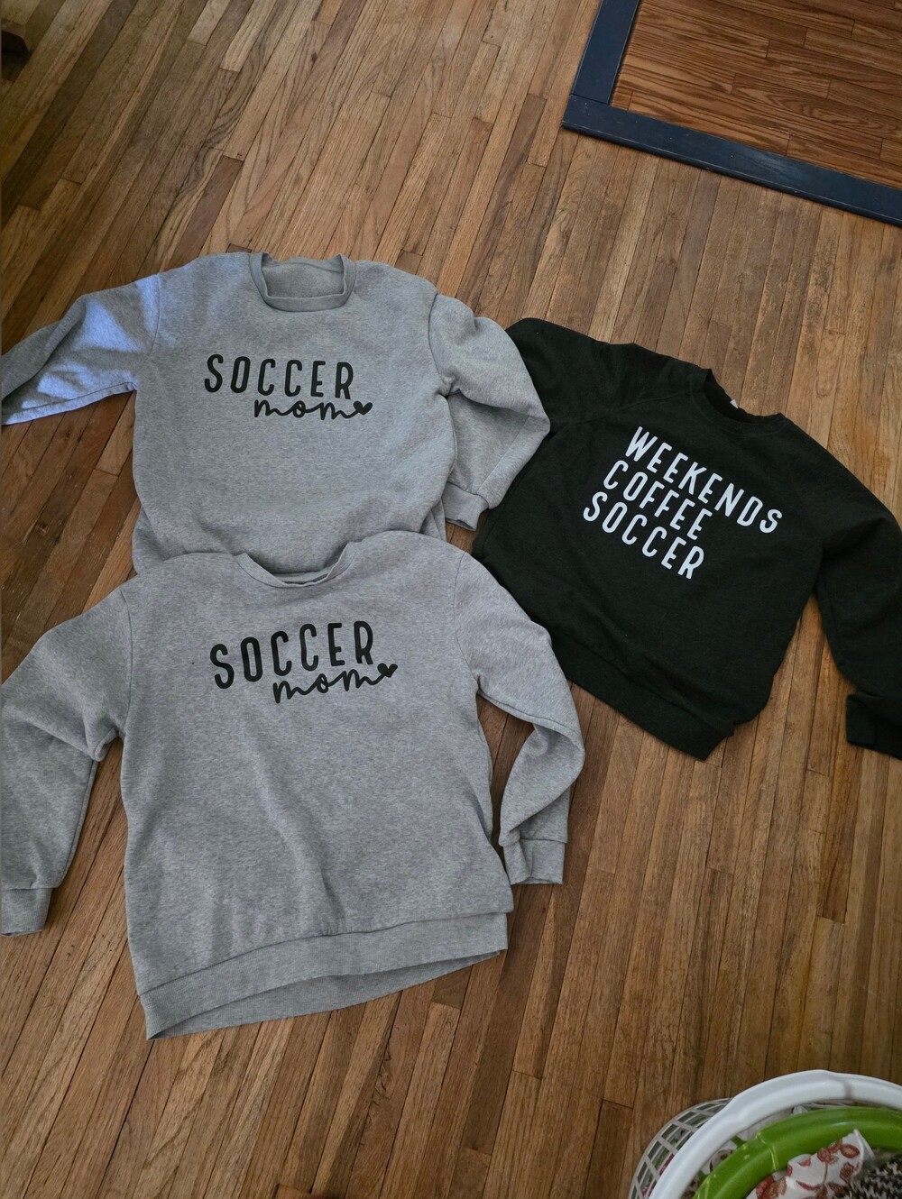 Set Of 2 Light Gray "Soccer Mom" & 1 Charcoal Pullover Sweatshirts - Sizes S&M